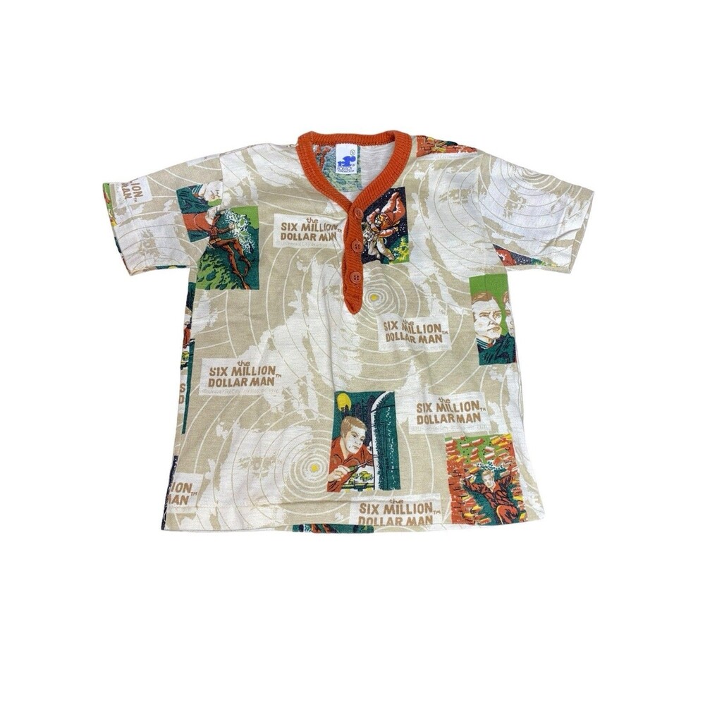 1976 Vtg "The Six Million Dollar Man" kids' Henley-style t-shirt Sz 5t